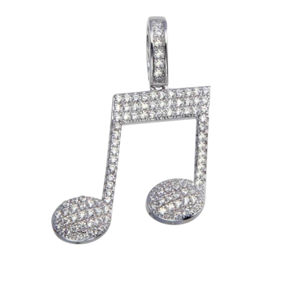 Sterling Silver 925 Rhodium Plated CZ Music Note Hip Hop Pendant